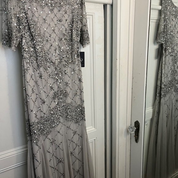 Adrian Papell Fully Beaded Godet Gown with Sheer Sleeves - Picture 3 of 11